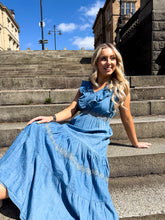 The Faye- Frill Neck Denim Maxi Dress
